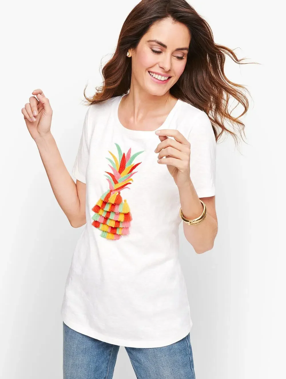 Talbots Petite Womens Embroidered Pineapple Tassls Cotton Size M Petite